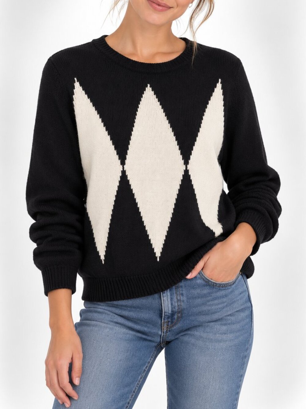 Elliott Lauren Black & Ivory Oversized Argyle Cotton Cashmere Sweater L